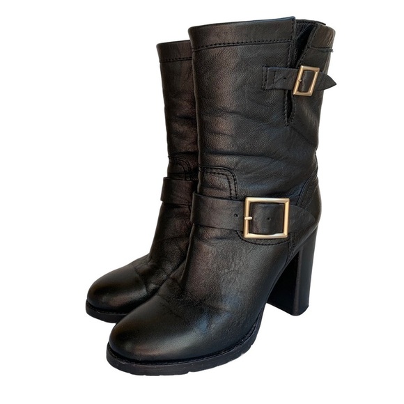 Jimmy Choo Dart Biker Black Leather Moto Combat Mid-Calf Buckle Bootie - Picture 3 of 16